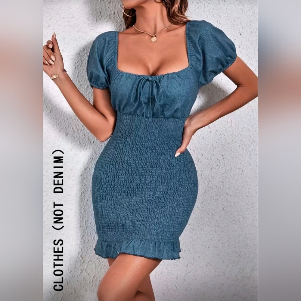 Square Neck Shirred Ruffle Hem Chambray Dress - Shein